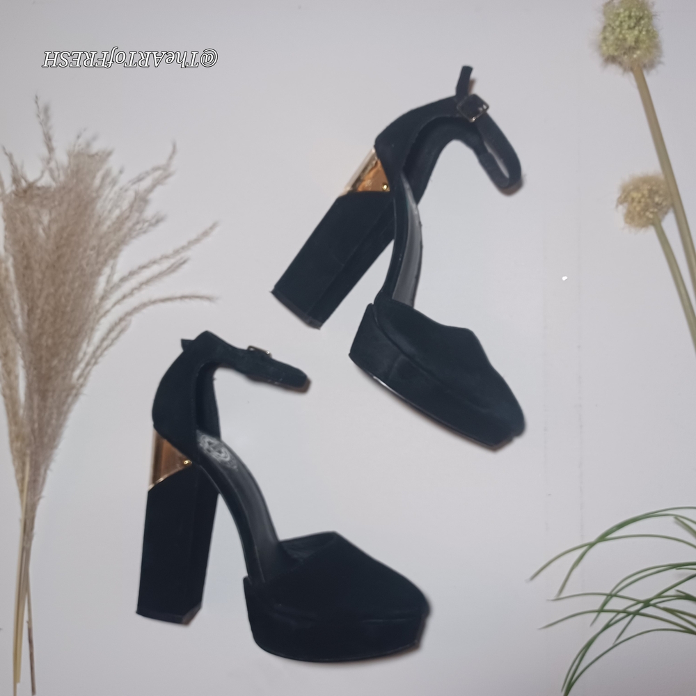Black Suede Block Heels with Gold Accents - Picture 16 of 16